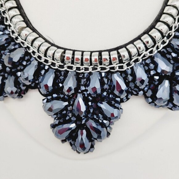 Electroplated Black Faceted Glass Bib Necklace Fabric Backing Statement Crystal - Picture 3 of 7